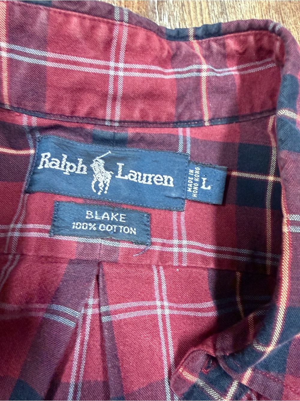 Ralph Lauren preppy red, white, and navy blue plaid cotton button-up shirt in si - Picture 3 of 4